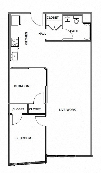 Floor plan for 2 beds, 1 bath, 1247 sqft